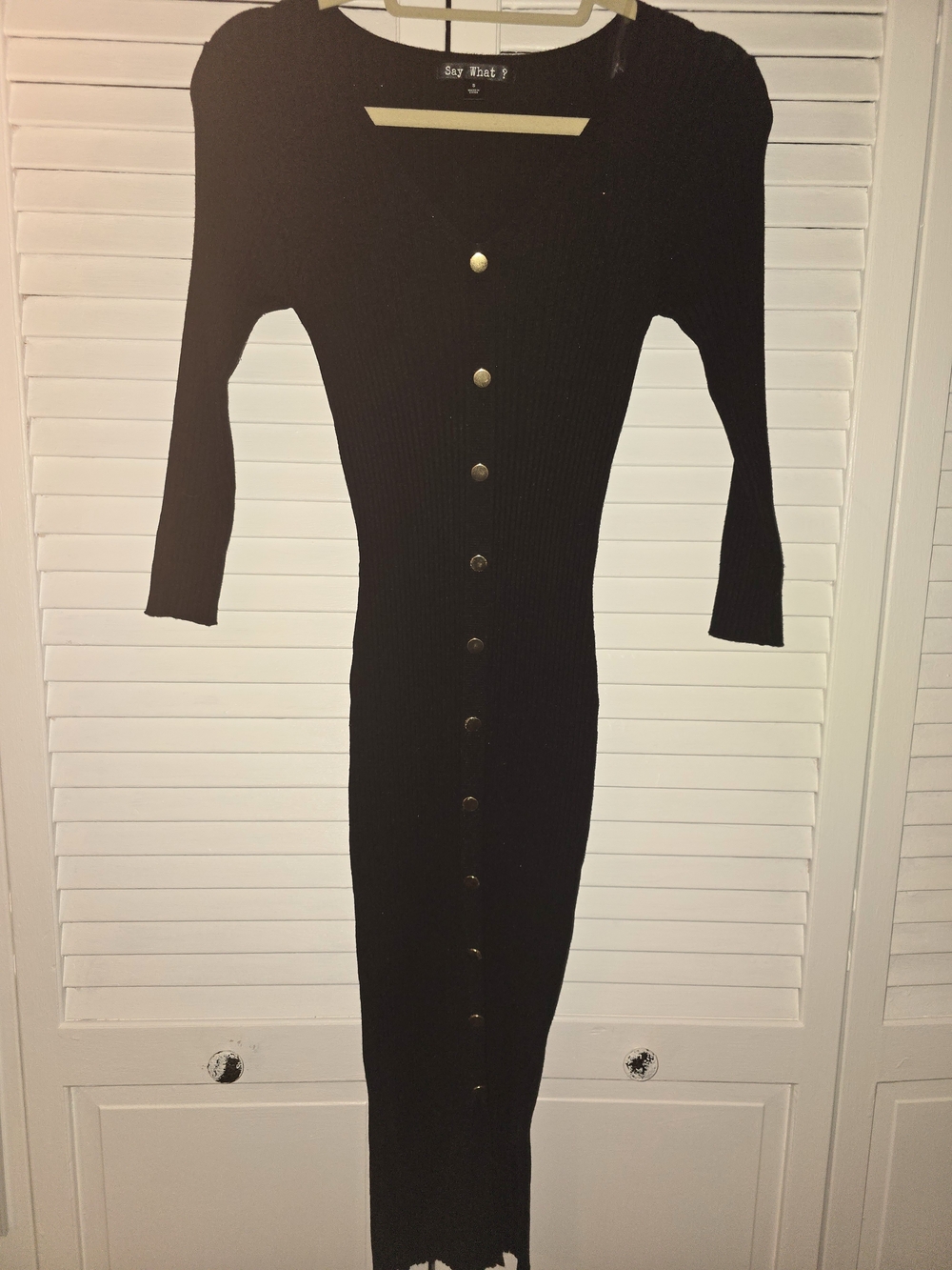 Say What? Black Ribbed Button-Front Long Sleeve Midi Dress